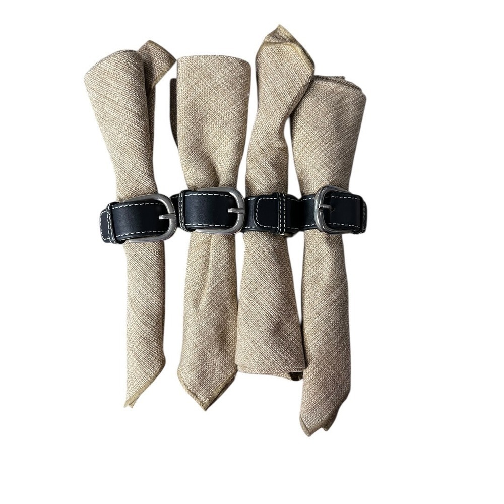 Set of 4 Black Leather Belt Napkin Rings with Buckles and Tan Woven Napkins